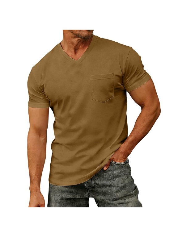 Mens T-Shirts Father'S Day Gifts Summer Casual Solid Color V-Neck Set-In Short Sleeve Pullover Male Regular Comfortable Breathable Soft Daily Fashion Versatile Tee Tops With A Pocket,L