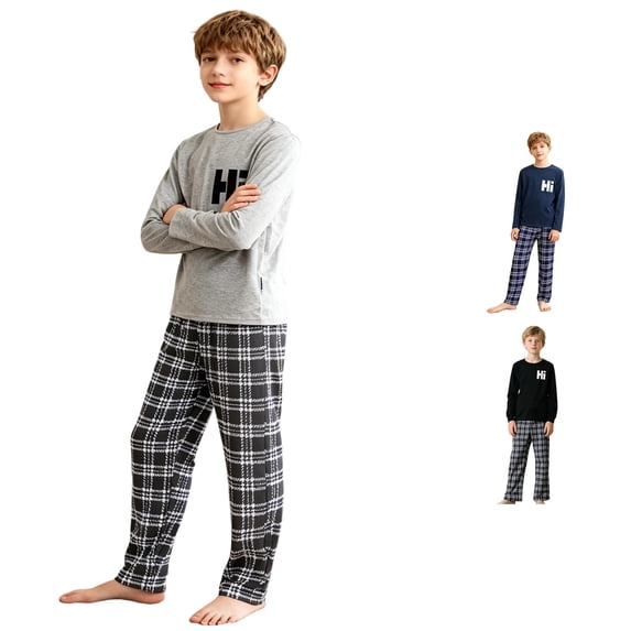 LIIPEE Outfits For Boys Casual Letter Print Long Sleeve Tees Plaid Graphic Pants 2 Piece Set Kids Autumn Cute Comfortable Breathable Fashion Outfit Sets,9-10 Years