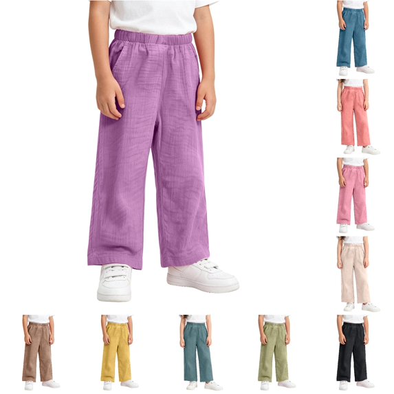 LIIPEE Palazzo Pants For Girls Baggy Wide Leg Elastic Waist Solid Color Casual Trousers With Pockets Kids Comfortable Breathable Cute Daily Pants,9-10 Years