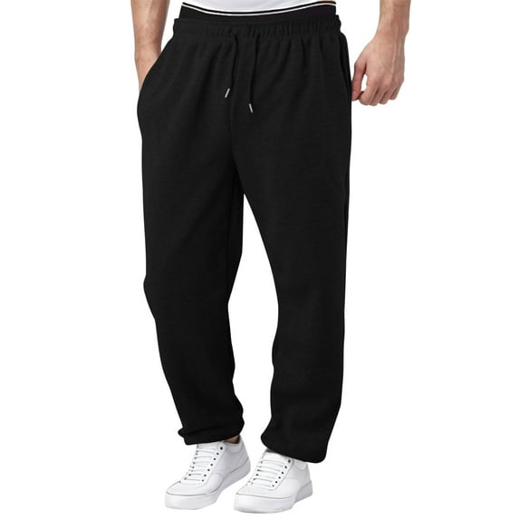 LIIPEE Pants For Men Casual Solid Color Elastic High Waist Drawstring Straight Wide Leg Trousers Sweatpants With Pockets Male Classic Everyday Pants,Black,L