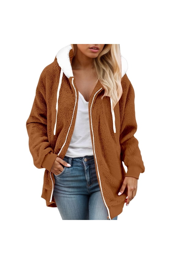 Plush Casual Jackets For Women Fall Winter Warm Color Block Long Sleeve Drawstring Hooded Zip Up Fuzzy Coat Tops Woman Leisure Holiday Party Work Sweatshirts,Khaki,S