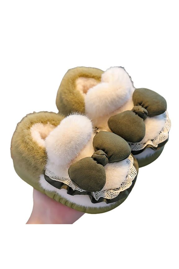 Plush Slippers Warm Cartoon Bowknot Lace Closed Toe Non- Soft Sole Fuzzy Shoes Stylish Pajamas Party House Slipper,Light Green,3-3.5 Years