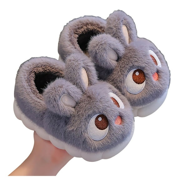 LIIPEE Plush Slippers Warm Cartoon Closed Toe Non- Soft Sole Fuzzy Shoes Casual Travel House Slipper,Grey,3-3.5 Years