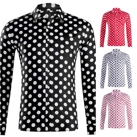LIIPEE Polka Dot Printed Shirt For Men Long Sleeve Turn Down Collar Button Up Shirts Male Comfortable Breathable Everyday Tops,S