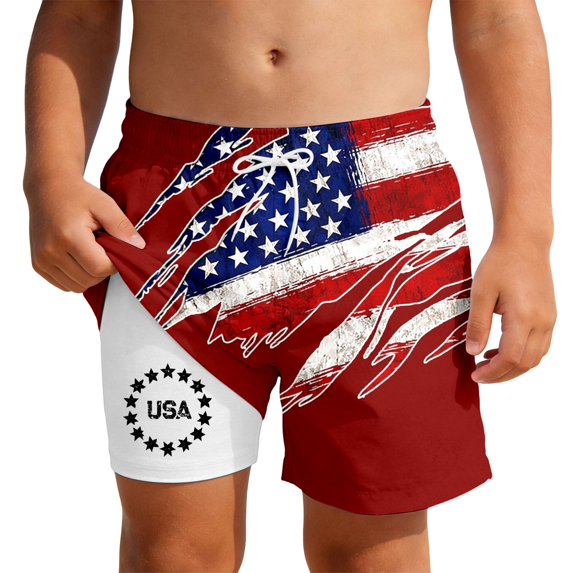 LIIPEE Shorts For Boys 4th Of July Summer Casual Hybrid Relaxed Fit Independence Day Patriotic U.S.A Stars Stripes Print Elastic Waist Breathable Soft Cute Party Double Layer Beach Shorts,5-6 Years