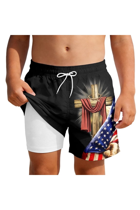 Shorts For Boys Fourth Of July Summer Casual Hybrid Relaxed Fit Independence Day Patriotic Stars Stripes Graphic Print Elastic Waist Party Cute Double Layer Versatile Beach Shorts,7-8 Years