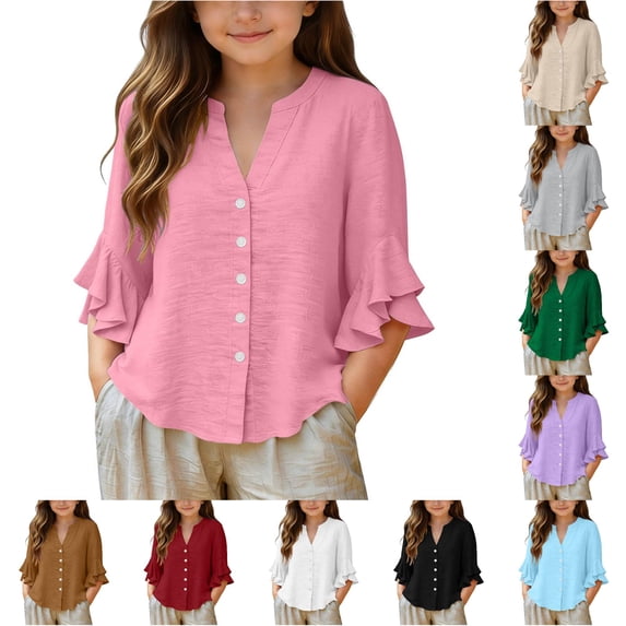 LIIPEE Solid Color Blouse For Girls Short Sleeve Collarless Ruffle Button Up Shirts Kids Lightweight Breathable Cute Summer Tops,5-6 Years