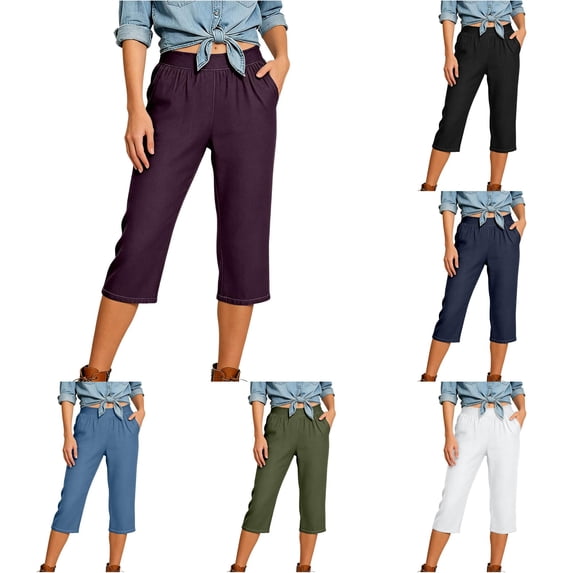 LIIPEE Solid Color Summer Jeans For Women Casual Elastic Waist Cropped Denim Pants With Pockets Ladies Comfortable Everyday Trousers,S
