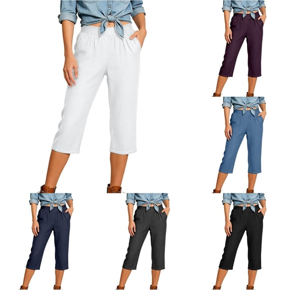 LIIPEE Solid Color Summer Jeans For Women Casual Elastic Waist Cropped Denim Pants With Pockets Ladies Comfortable Everyday Trousers,XXL