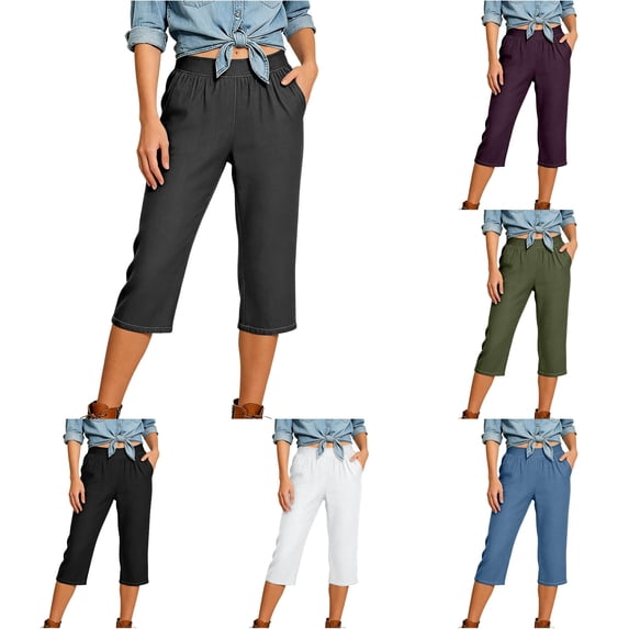 LIIPEE Solid Color Summer Jeans For Women Casual Elastic Waist Cropped Denim Pants With Pockets Ladies Comfortable Everyday Trousers,XXXL