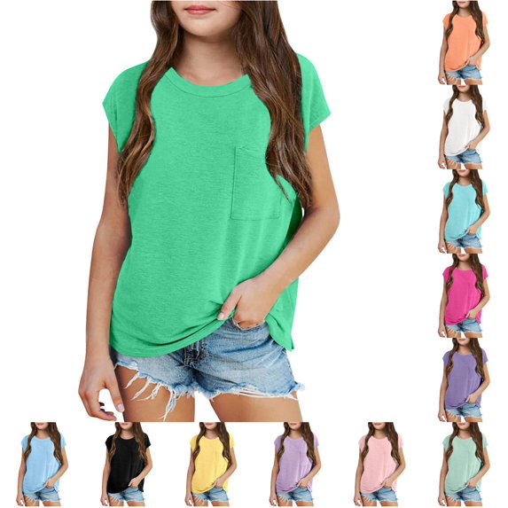 LIIPEE Solid Color T Shirts For Girls Kids Fashion Short Sleeve Front Pocket Tees Summer Casual Back To School Everyday T Shirt,11-12 Years