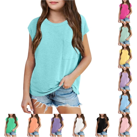 LIIPEE Solid Color T Shirts For Girls Kids Fashion Short Sleeve Front Pocket Tees Summer Casual Back To School Everyday T Shirt,5-6 Years
