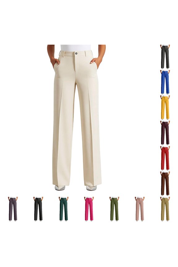 Straight Leg Trousers For Women Solid Color Rigid Waist Flat Front Dress Pants With Pockets Ladies Lightweight Breathable Pants,L