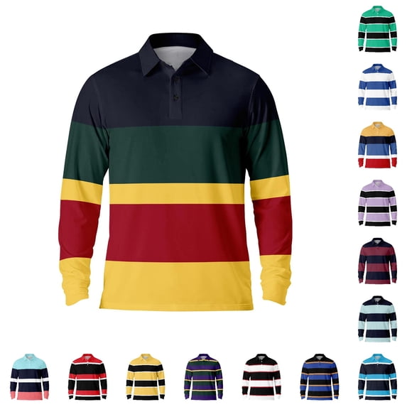 LIIPEE Striped Graphic Polo Shirt For Men Long Sleeve Tennis Collar Shirts Male Autumn Comfortable Breathable Versatile Polos,XL