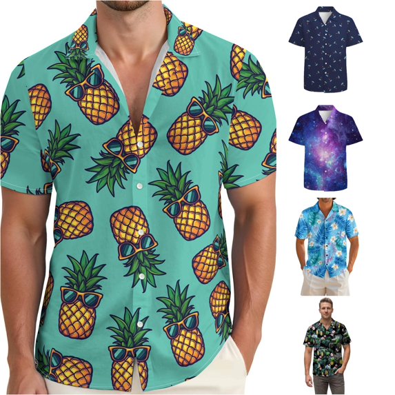 LIIPEE Summer Fashion Graphic Shirt For Men Short Sleeve Turn Down Collar Button Up Shirts Male Comfortable Breathable Beach Tops,S