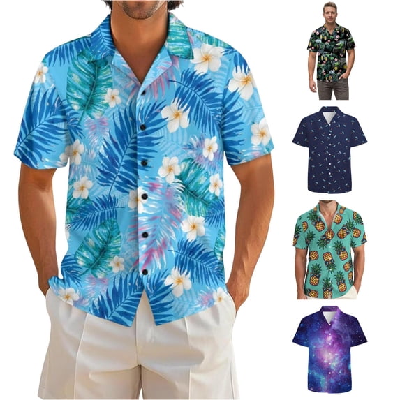 LIIPEE Summer Fashion Graphic Shirt For Men Short Sleeve Turn Down Collar Button Up Shirts Male Comfortable Breathable Beach Tops,S
