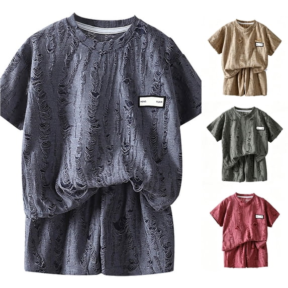 LIIPEE Summer Outfits For Boys Casual Solid Color Ripped Hole Short Sleeve Tees And Shorts 2 Piece Set Kids Breathable Comfortable Fashion Outfit Sets,2-3 Years