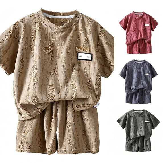 LIIPEE Summer Outfits For Boys Casual Solid Color Ripped Hole Short Sleeve Tees And Shorts 2 Piece Set Kids Breathable Comfortable Fashion Outfit Sets,5-6 Years