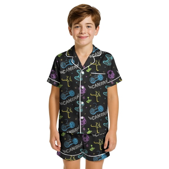 LIIPEE Summer Pajamas For Boys Kids Cartoon Graphic Short Sleeve Flat Collar Button Up Shirts And Shorts Pajama Set 2 Piece Sleepwear,12-13 Years