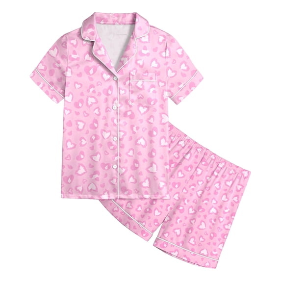 LIIPEE Summer Pajamas For Girls Cute Heart Graphic Short Sleeve Flat Collar Blouse And Shorts Pajama Set 2 Piece Kids Casual Sleepwear,7-8 Years