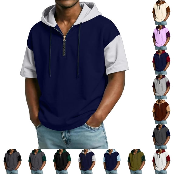 LIIPEE Summer Short Sleeve Tees For Men Color Block Hooded Half Zip Athletic T Shirts Male Comfortable Breathable Versatile Tshirt,L