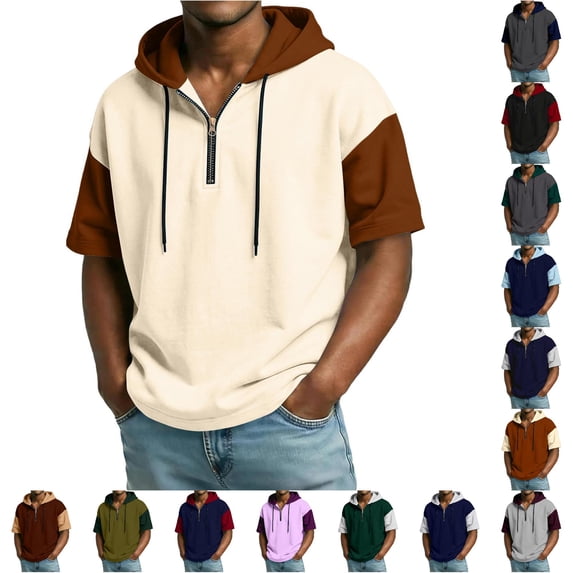 LIIPEE Summer Short Sleeve Tees For Men Color Block Hooded Half Zip Athletic T Shirts Male Comfortable Breathable Versatile Tshirt,XXXXL
