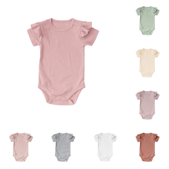 LIIPEE Summer Solid Color Baby Bodysuits For Boys Ruffle Short Sleeve Crew Neck Casual Onesies Kids Cute Daily Ribbed Crawling Clothing,12-18 Months