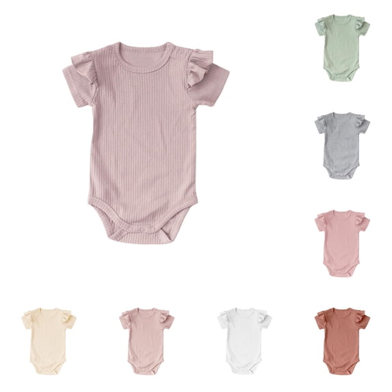 LIIPEE Summer Solid Color Baby Bodysuits For Boys Ruffle Short Sleeve Crew Neck Casual Onesies Kids Cute Daily Ribbed Crawling Clothing,18-24 Months