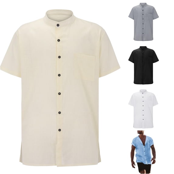 LIIPEE Summer Solid Color Shirt For Men Short Sleeve Band Collar Button Up Shirts Male Comfortable Breathable Versatile Tops,L