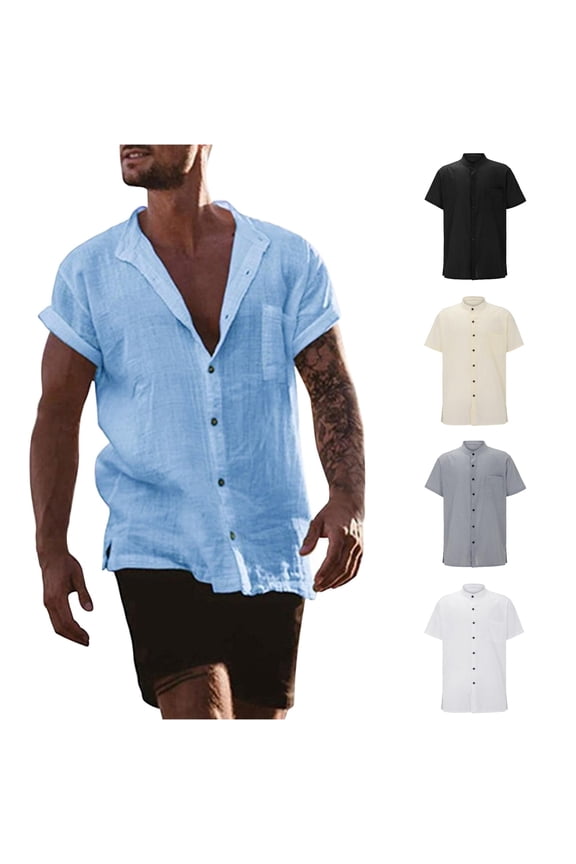 Summer Solid Color Shirt For Men Short Sleeve Band Collar Button Up Shirts Male Comfortable Breathable Versatile Tops,L