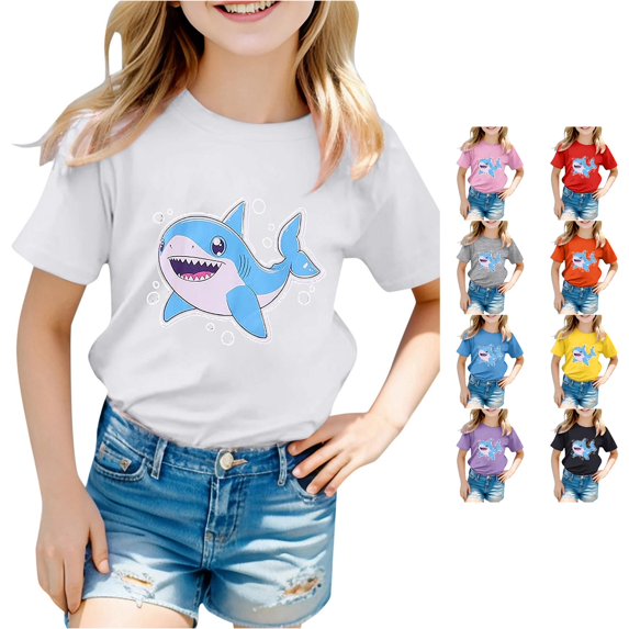 LIIPEE T Shirts For Girls Kids Fashion Short Sleeve Cute Cartoon Sharks Graphic Tees Summer Casual Comfortable Everyday T Shirt,6-7 Years