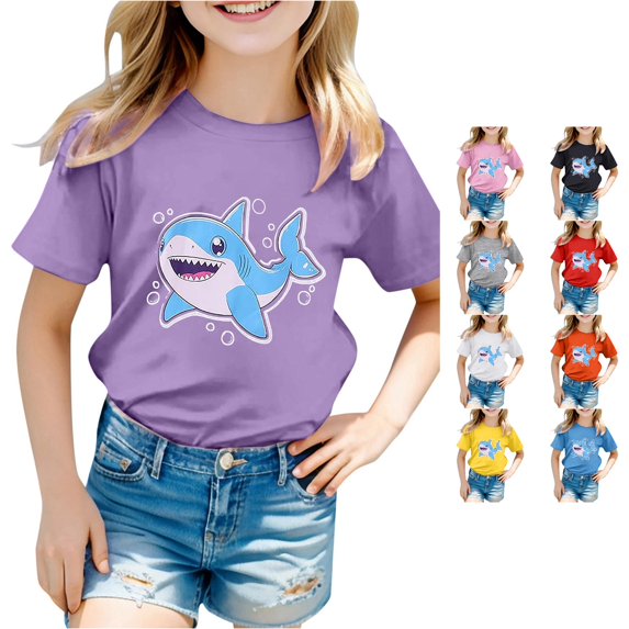 LIIPEE T Shirts For Girls Kids Fashion Short Sleeve Cute Cartoon Sharks Graphic Tees Summer Casual Comfortable Everyday T Shirt,8-9 Years