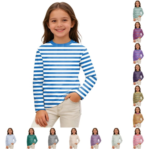 LIIPEE T Shirts For Girls Long Sleeve Crew Neck Fashion Stripes Graphic Tees Kids Cute Everyday Versatile Casual T Shirt,13-14 Years