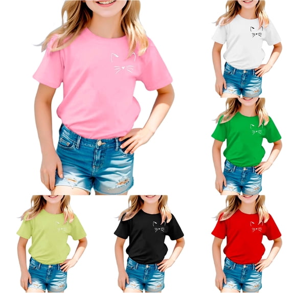 LIIPEE T Shirts For Girls Short Sleeve Fashion Cute Cat Graphic Tees Kids Summer Casual Comfortable Everyday T Shirt,6-7 Years