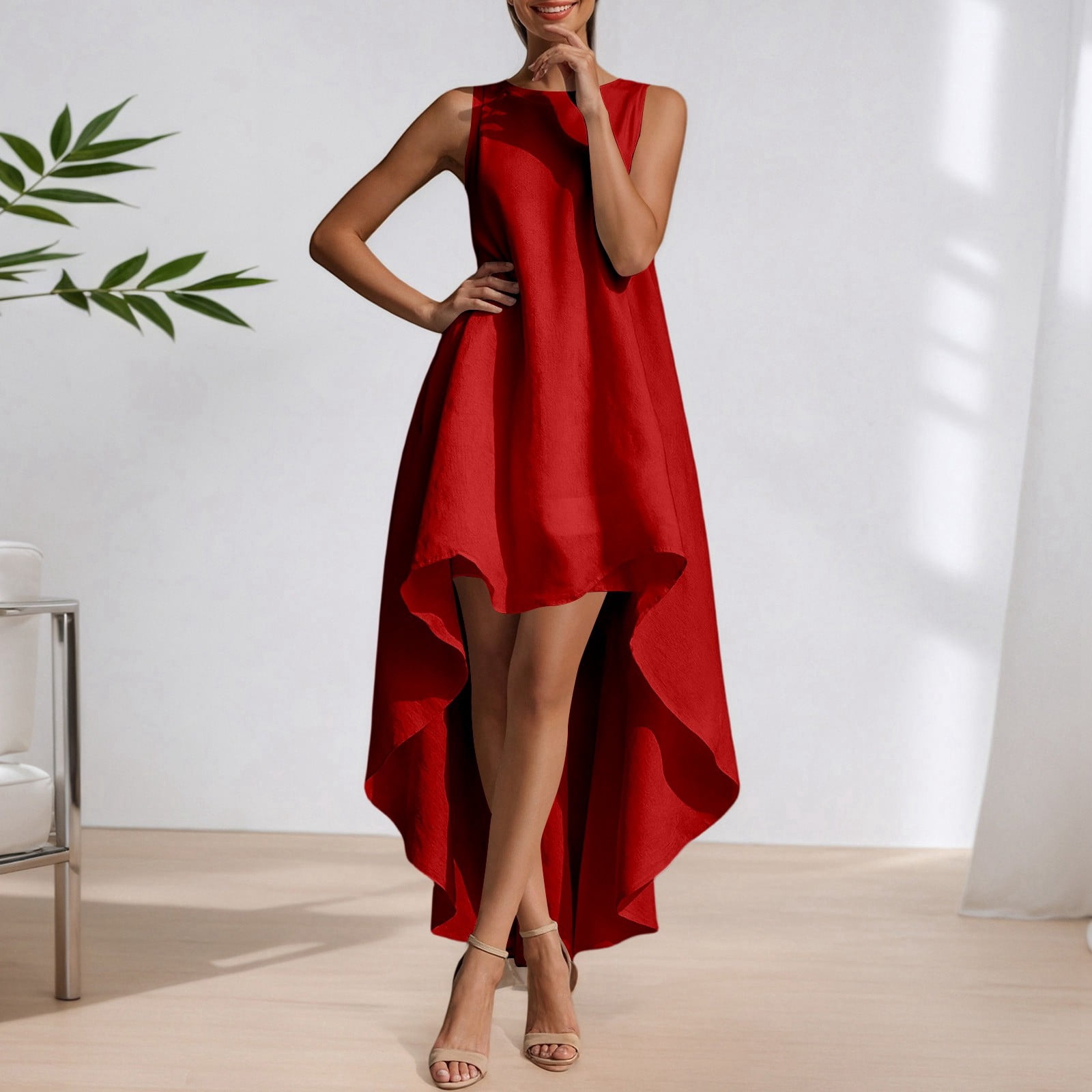 LIIPEE Wedding Guest Dresses For Women Solid Color Sleeveless Crewneck  A-Line Ruched Ruffles High-Low Casual Irregular Graduation Dress Slim Fit  Comfortable Summer Elegant Party Club Wear,Black,XXL - Walmart.com