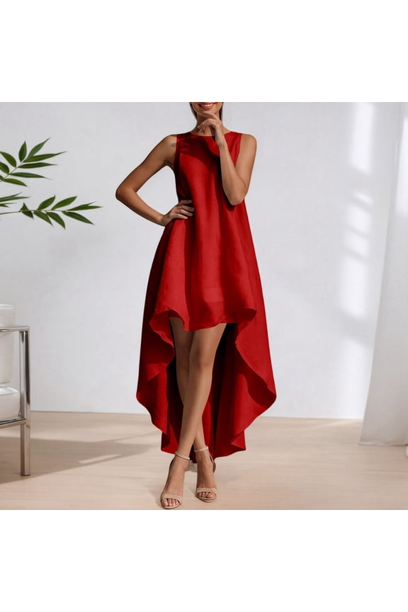 Wedding Guest Dresses For Women Solid Color Sleeveless Crewneck A-Line Ruched Ruffles High-Low Casual Irregular Graduation Dress Slim Fit Comfortable Summer Elegant Party Club Wear,Red,S