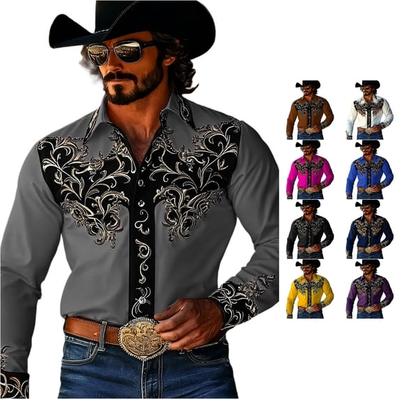 LIIPEE Western Cowboy Floral Graphic Shirt For Men Long Sleeve Turn Down Collar Button Up Shirts Male Comfortable Breathable Tops,M