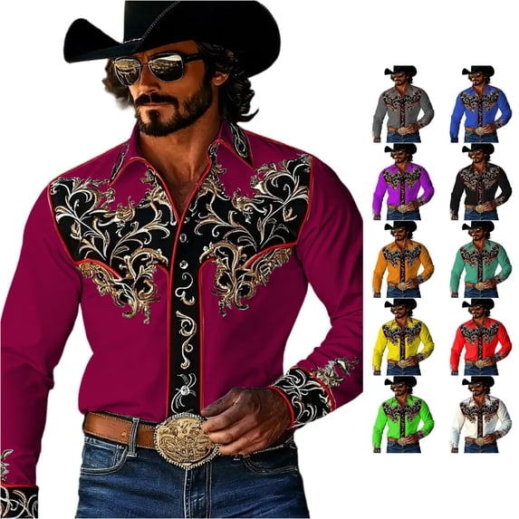 LIIPEE Western Cowboy Floral Graphic Shirt For Men Long Sleeve Turn Down Collar Button Up Shirts Male Comfortable Breathable Tops,XL