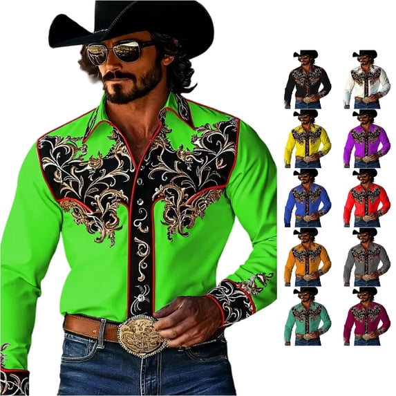 LIIPEE Western Cowboy Floral Graphic Shirt For Men Long Sleeve Turn Down Collar Button Up Shirts Male Comfortable Breathable Tops,XL