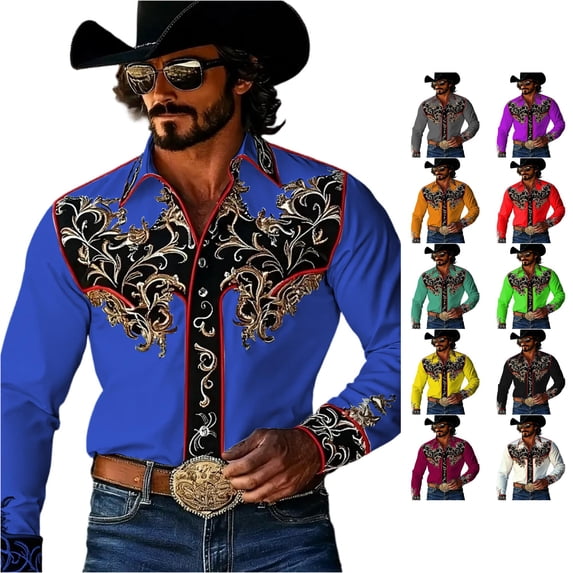 LIIPEE Western Cowboy Floral Graphic Shirt For Men Long Sleeve Turn Down Collar Button Up Shirts Male Comfortable Breathable Tops,XXL