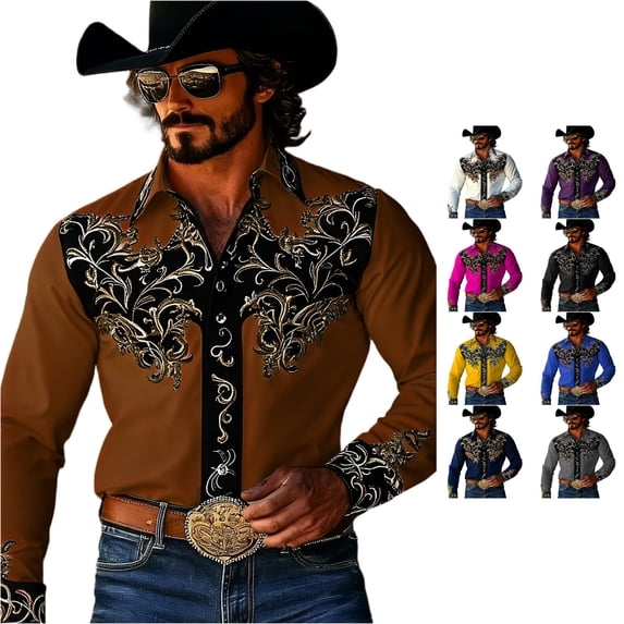 LIIPEE Western Cowboy Floral Graphic Shirt For Men Long Sleeve Turn Down Collar Button Up Shirts Male Comfortable Breathable Tops,XXXXL