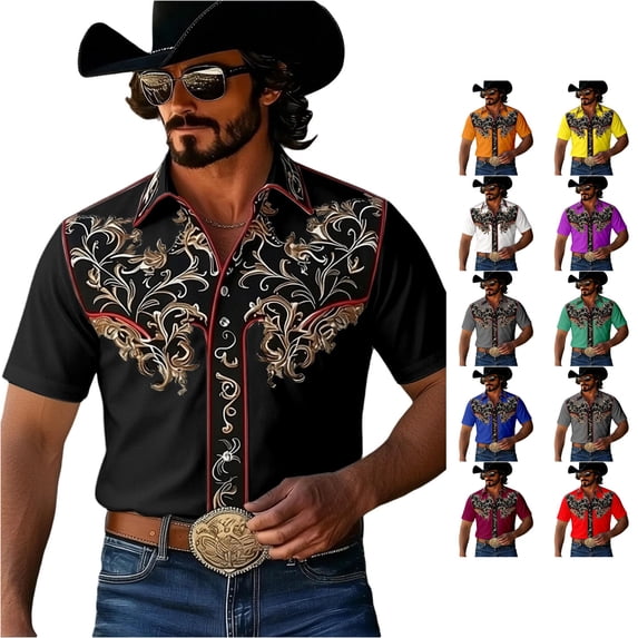 LIIPEE Western Cowboy Floral Graphic Shirt For Men Short Sleeve Turn Down Collar Button Up Shirts Male Comfortable Breathable Tops,L