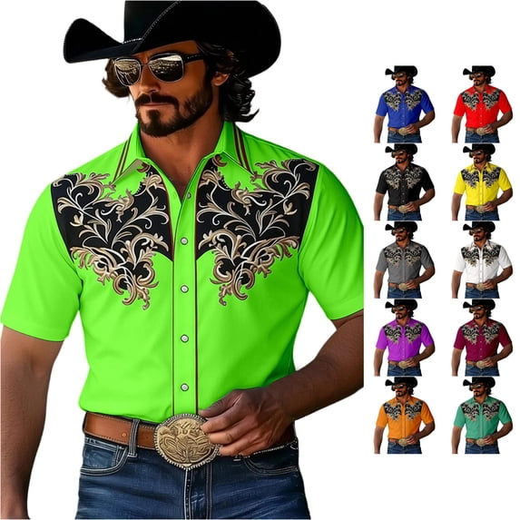 LIIPEE Western Cowboy Floral Graphic Shirt For Men Short Sleeve Turn Down Collar Button Up Shirts Male Comfortable Breathable Tops,L