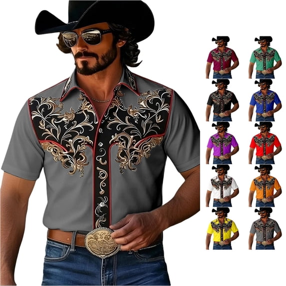 LIIPEE Western Cowboy Floral Graphic Shirt For Men Short Sleeve Turn Down Collar Button Up Shirts Male Comfortable Breathable Tops,M