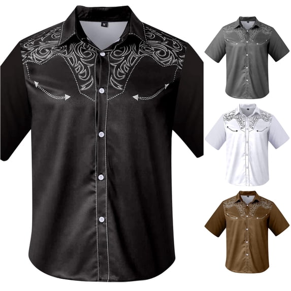 LIIPEE Western Cowboy Floral Graphic Shirt For Men Short Sleeve Turn Down Collar Button Up Shirts Male Comfortable Breathable Tops,XL