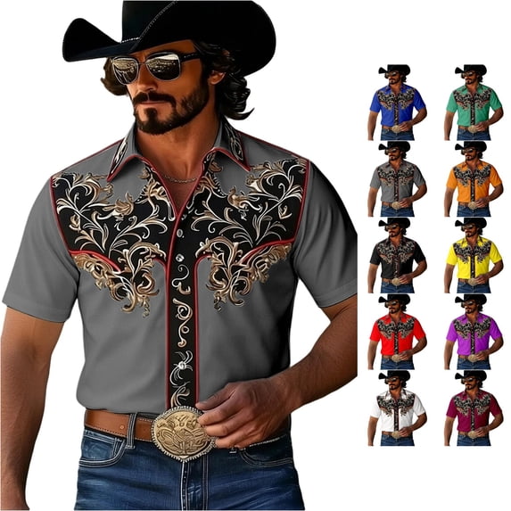 LIIPEE Western Cowboy Floral Graphic Shirt For Men Short Sleeve Turn Down Collar Button Up Shirts Male Comfortable Breathable Tops,XL