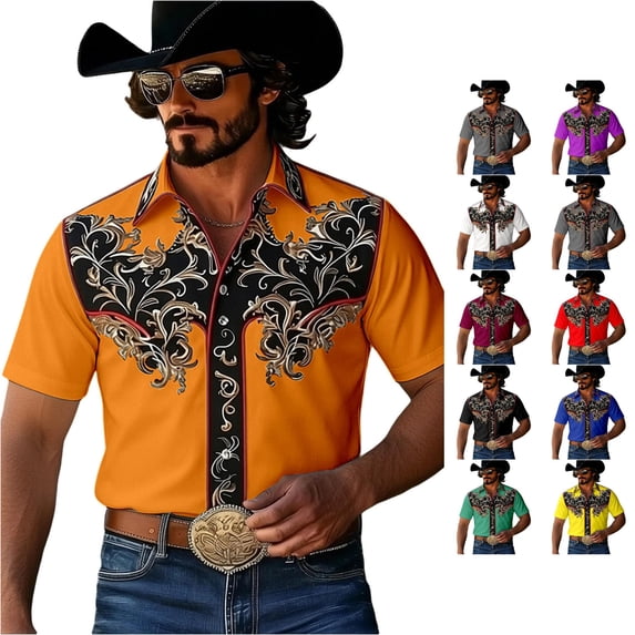 LIIPEE Western Cowboy Floral Graphic Shirt For Men Short Sleeve Turn Down Collar Button Up Shirts Male Comfortable Breathable Tops,XXL