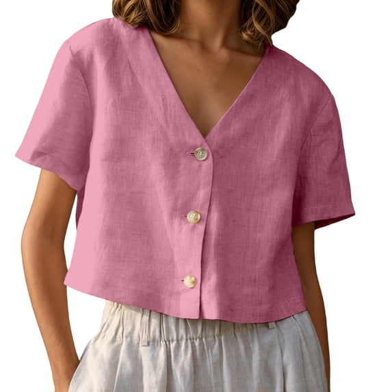 LIIPEE Women Blouse Casual Summer Solid Color Short Sleeve V Neck Button Up Versatile Crop Shirts Ladies Fashion Loose Fit Lightweight Comfortable Breathable Soft Daily Tops,S