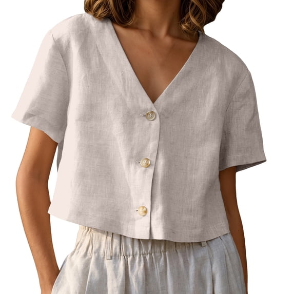 LIIPEE Women Blouse Casual Summer Solid Color Short Sleeve V Neck Button Up Versatile Crop Shirts Ladies Fashion Loose Fit Lightweight Comfortable Breathable Soft Daily Tops,L