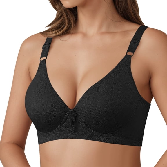 LIIPEE Women Bras Solid Color Plus Size Full Coverage V Neck Underwire Bralette Seamless Push Up Bralette Bra Woman Elegant Birthday Wedding Weekend Bras,Black,42